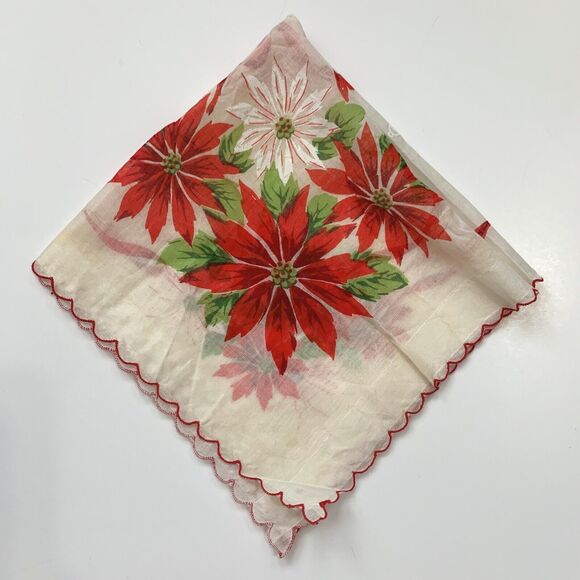 Christmas Wedding Bridesmaid Handkerchief Linen Poinsettia Holiday Vintage - Picture 1 of 5